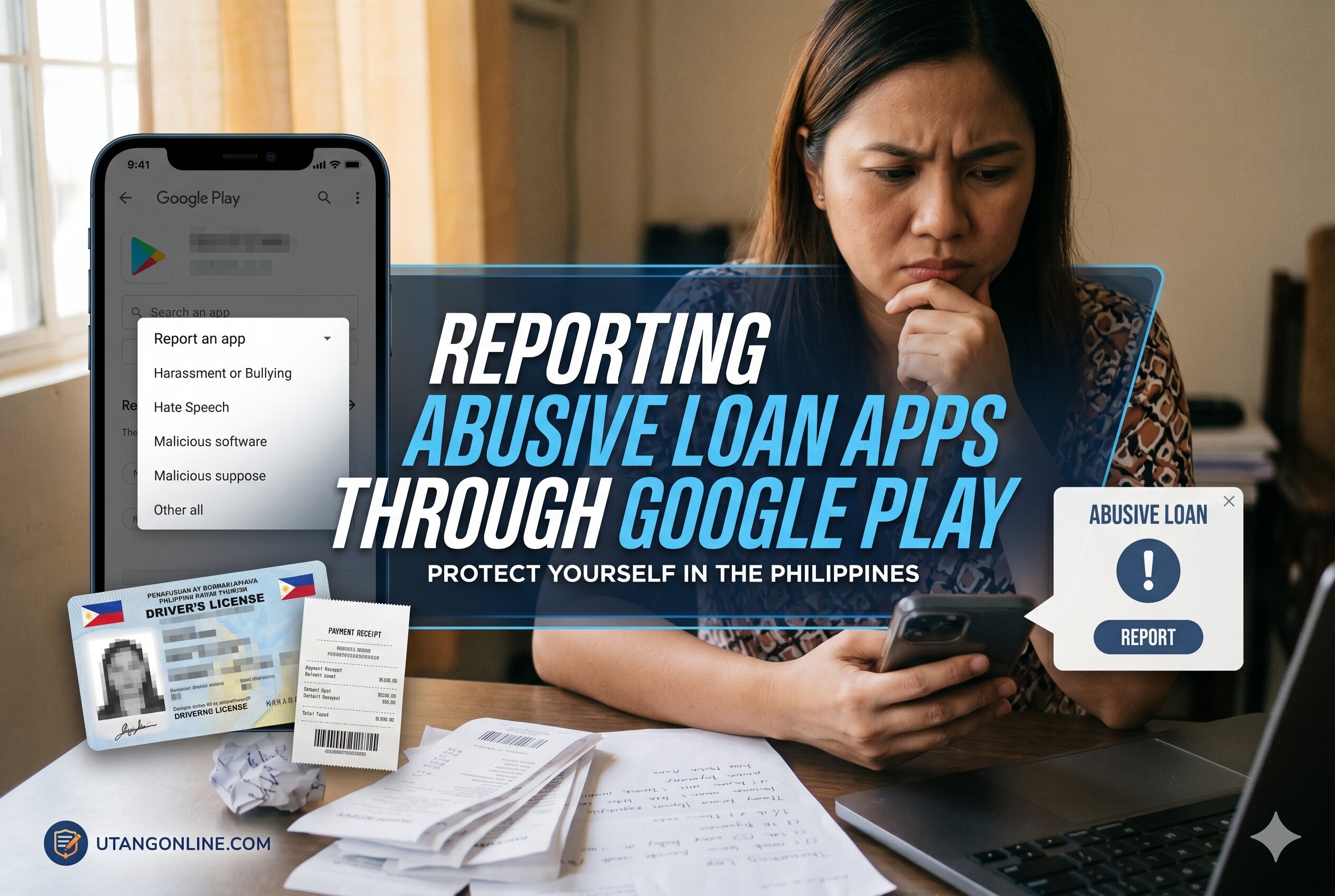 Android user reporting illegal loan app on Google Play after harassment and privacy abuse
