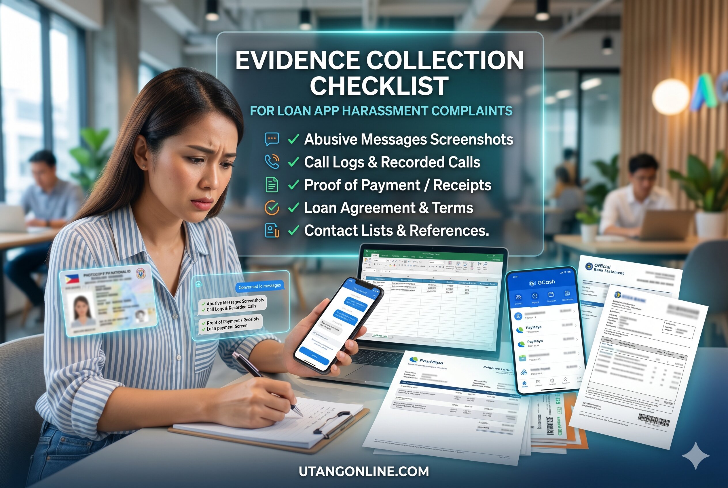 Checklist of screenshots, call logs, and evidence needed for online loan harassment complaints