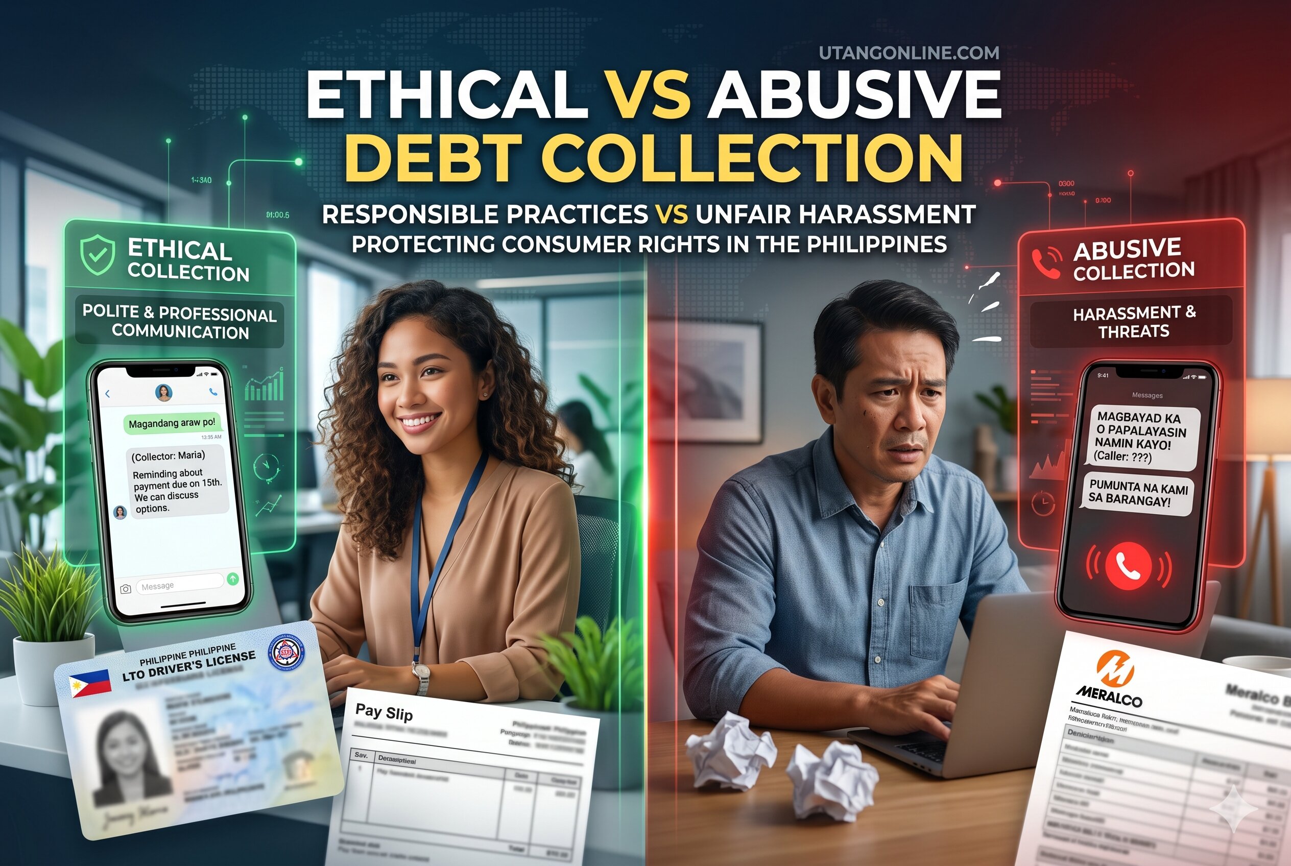 Comparison chart showing lawful debt collection versus illegal harassment from loan apps
