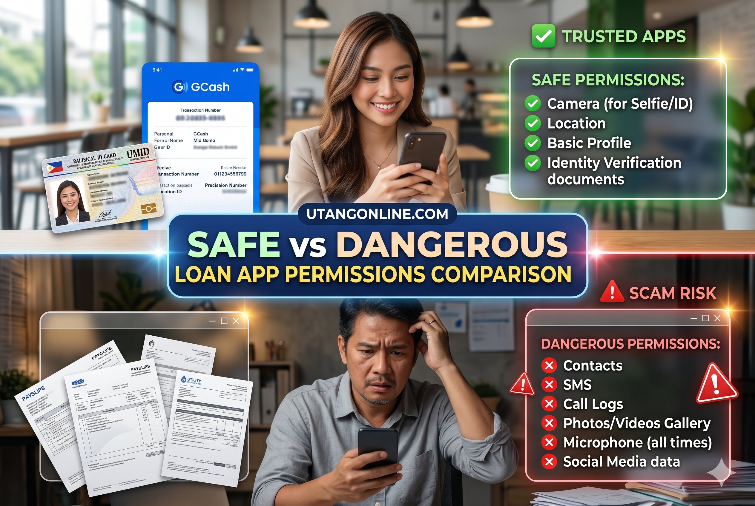 Comparison chart showing safe lending app permissions and dangerous invasive permissions