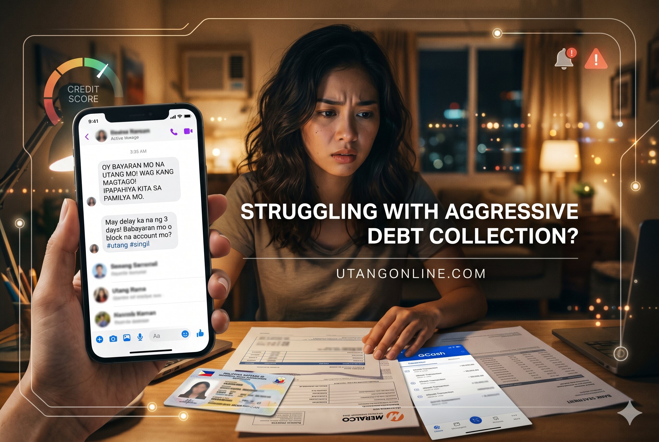 Filipino borrower reviewing threatening collection texts from a digital loan app