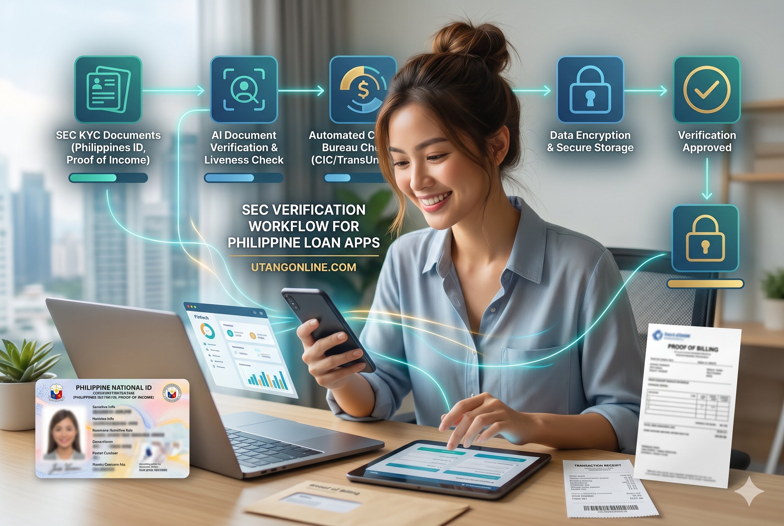 Flowchart showing SEC registration checks, lending authority validation, privacy compliance, and borrower safety verification for Philippine loan apps