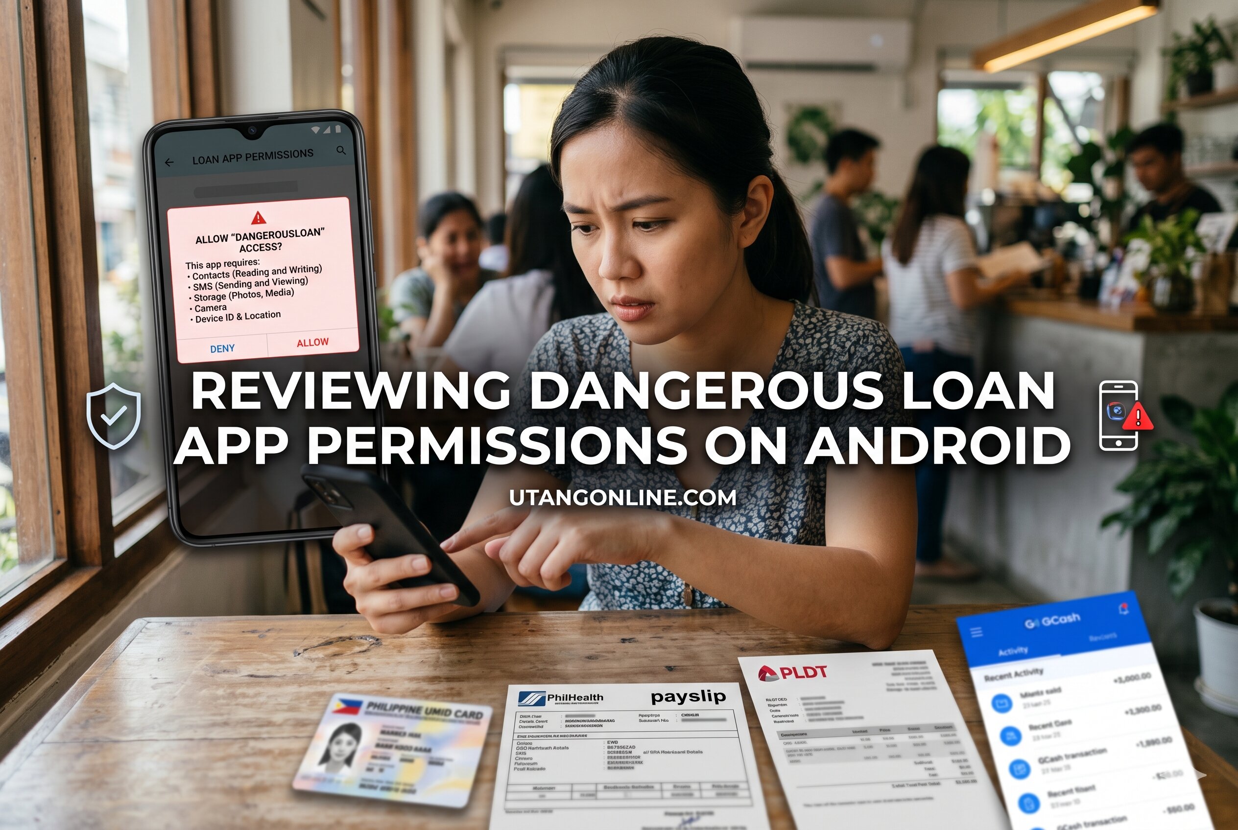 Philippine borrower checking smartphone permissions after abusive lending app accessed contacts and messages