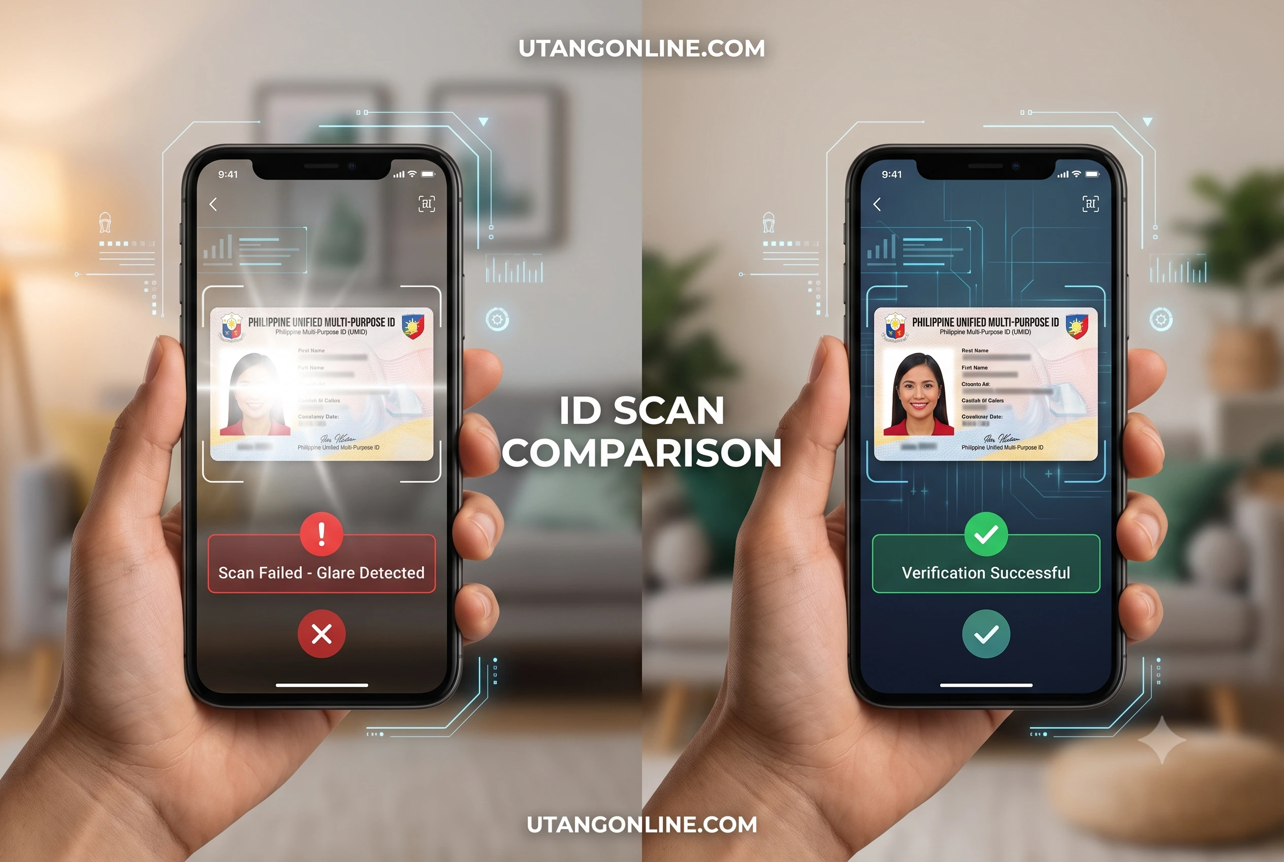 Example of proper and improper ID scanning techniques for online loan applications showing how to avoid glare on a UMID card.