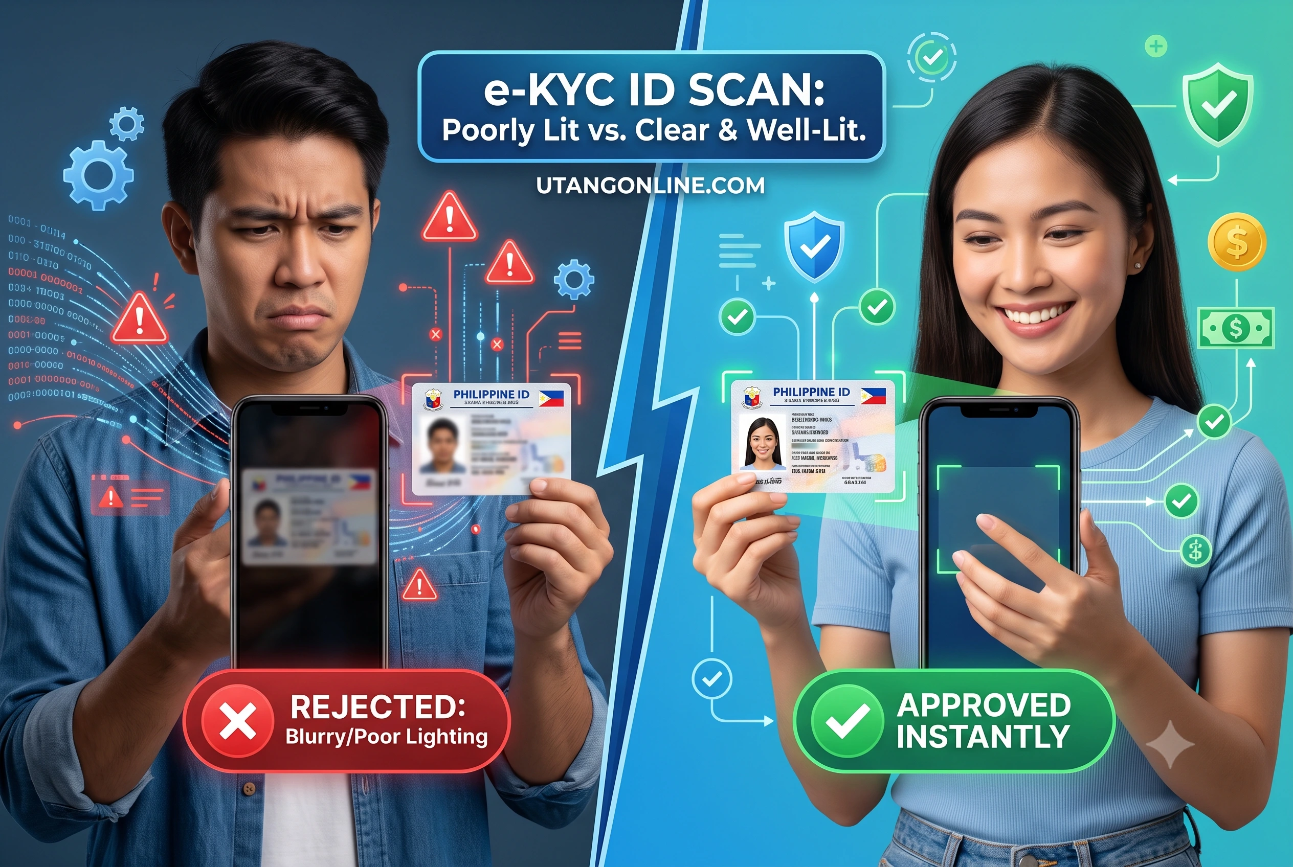 A split-screen comparison showing a poorly lit, blurry ID scan being rejected by an e-KYC system versus a clear, well-lit ID scan being approved instantly. Comparison of bad and good ID photo captures for e-KYC digital loan approval showing how glare and blur cause system rejections