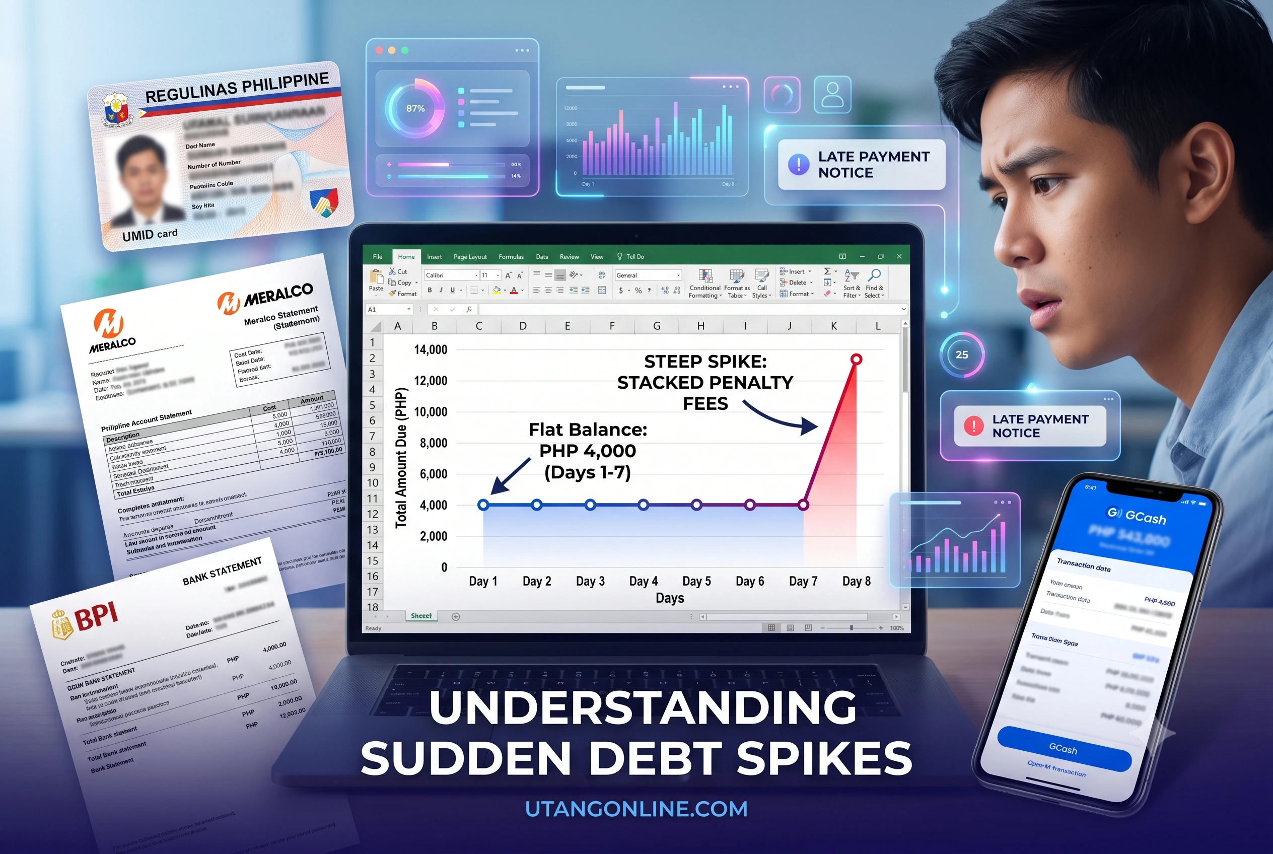 An Excel spreadsheet showing a steep line graph where the balance remains flat at PHP 4,000 for 7 days, then spikes dramatically on Day 8 due to stacked penalty fees First-person Excel spreadsheet calculation demonstrating the Day 8 penalty fee cliff on a 7-day 0% interest digital loan in the Philippines