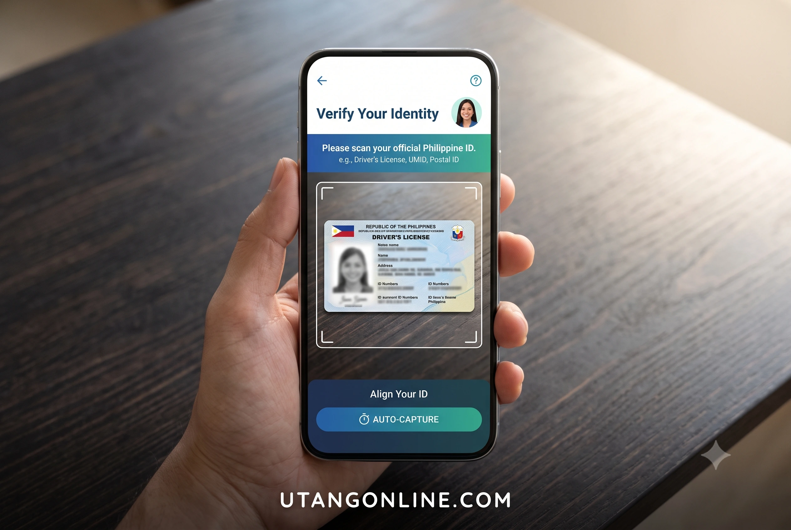 A first-person smartphone screenshot showing a lending app's ID verification screen, with a blurred driver's license placed on a dark table under natural sunlight to avoid glare First-person perspective of a smartphone screen capturing a Philippine driver's license for a digital loan eKYC process without glare