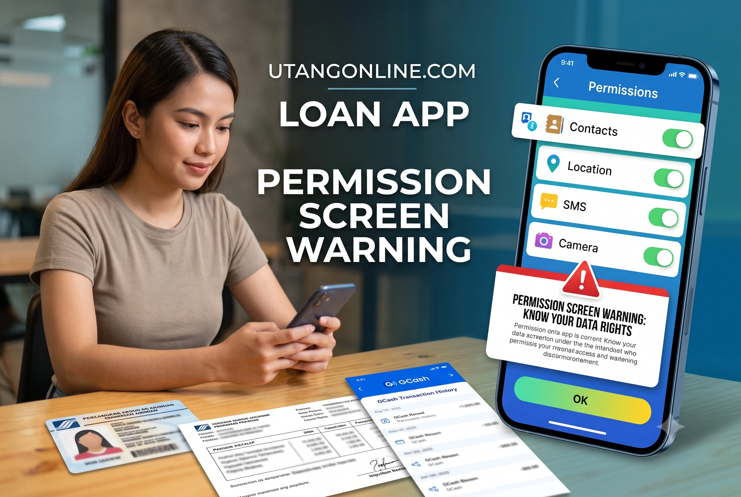 Screenshot showing a fake online loan app requesting access to contacts, storage, and call logs during installation