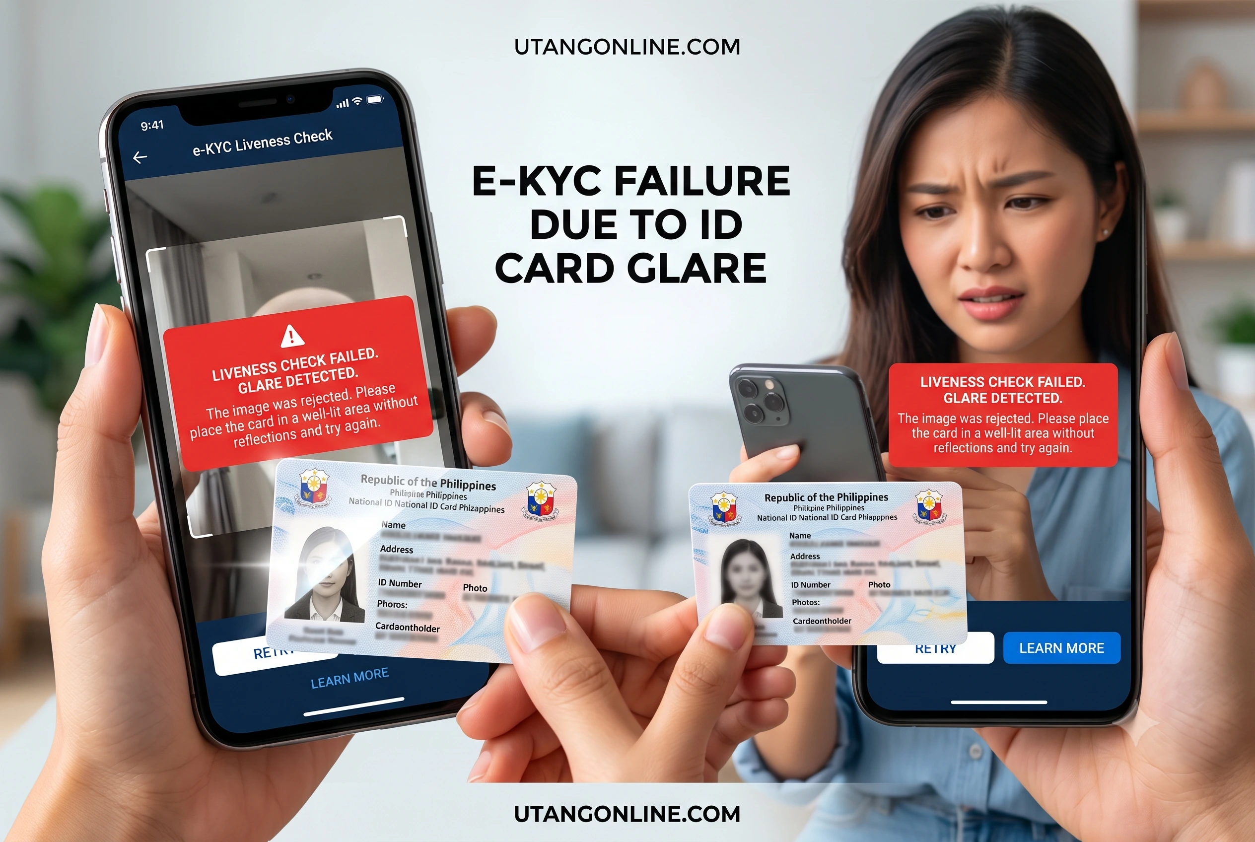 Smartphone displaying an e-KYC error message due to light glare on a Philippine National ID during a loan application