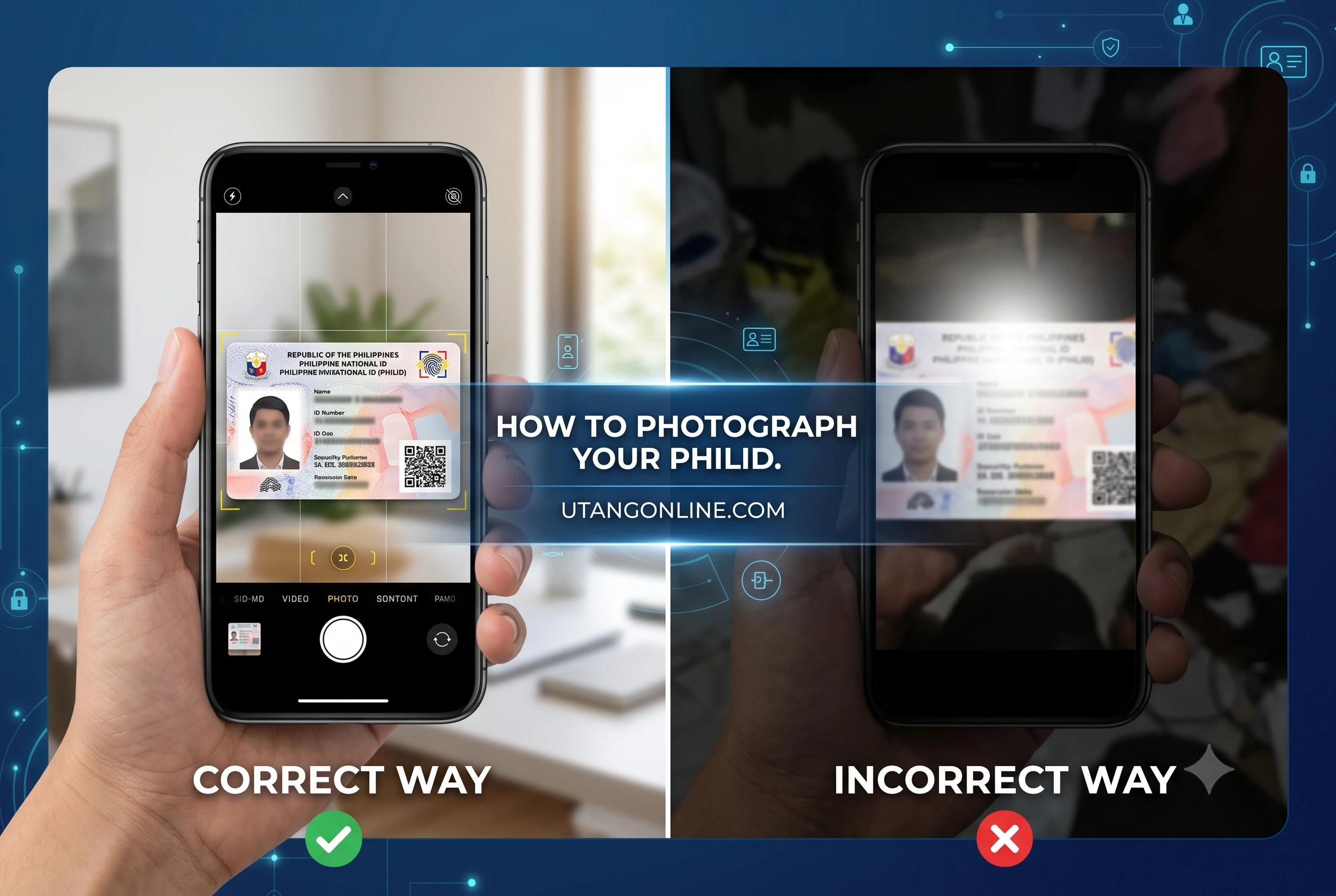 Comparison guide demonstrating the correct lighting and framing required for successful eKYC automated ID scanning on Philippine loan apps