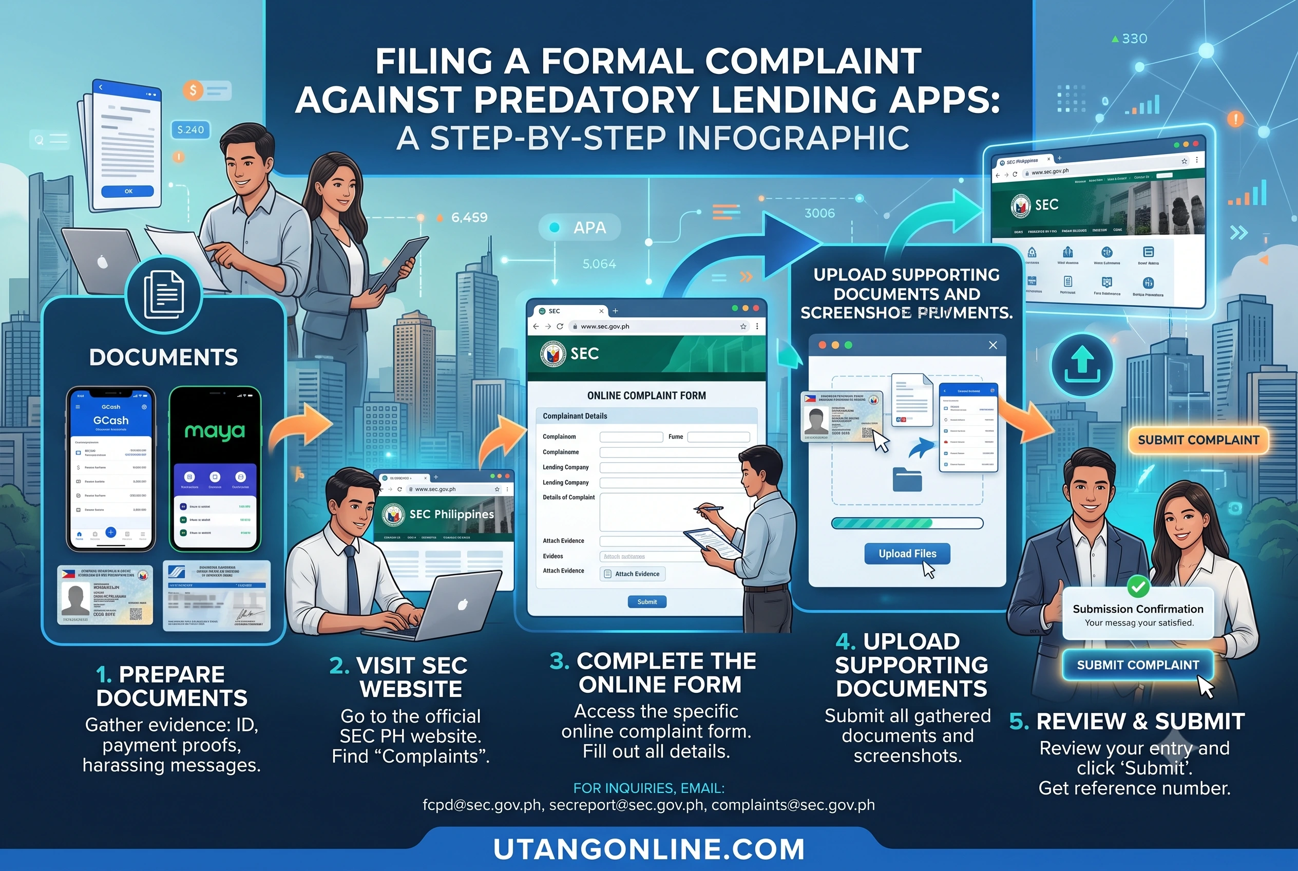 A step-by-step infographic showing how to file a formal complaint against a predatory lending app on the SEC Philippines website, highlighting the specific web forms and contact emails Step-by-step visual guide demonstrating how a borrower can submit an official complaint to the SEC Philippines regarding illegal digital lending fees