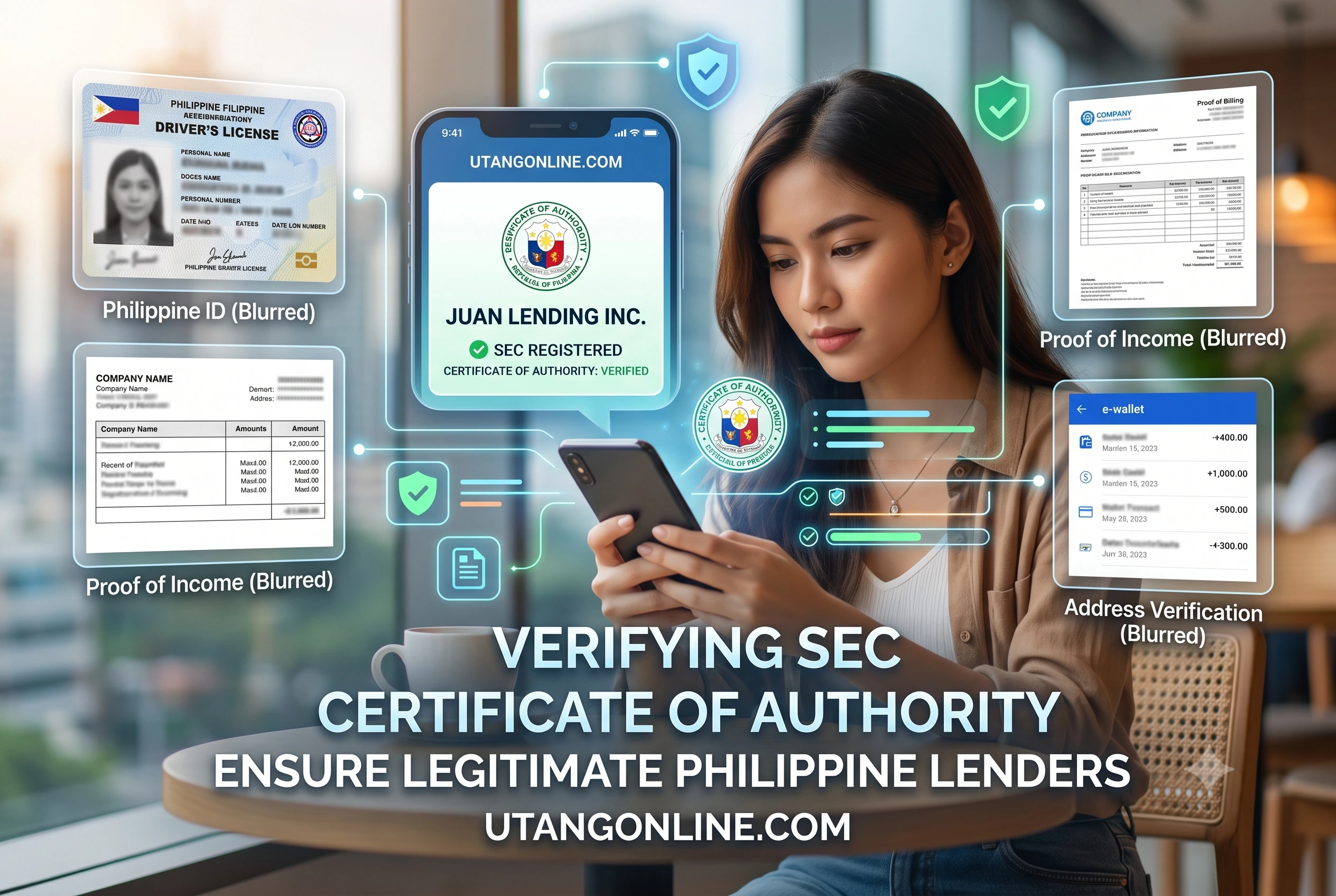 Comparison showing a fake CA number on a loan app homepage versus the official SEC database PDF