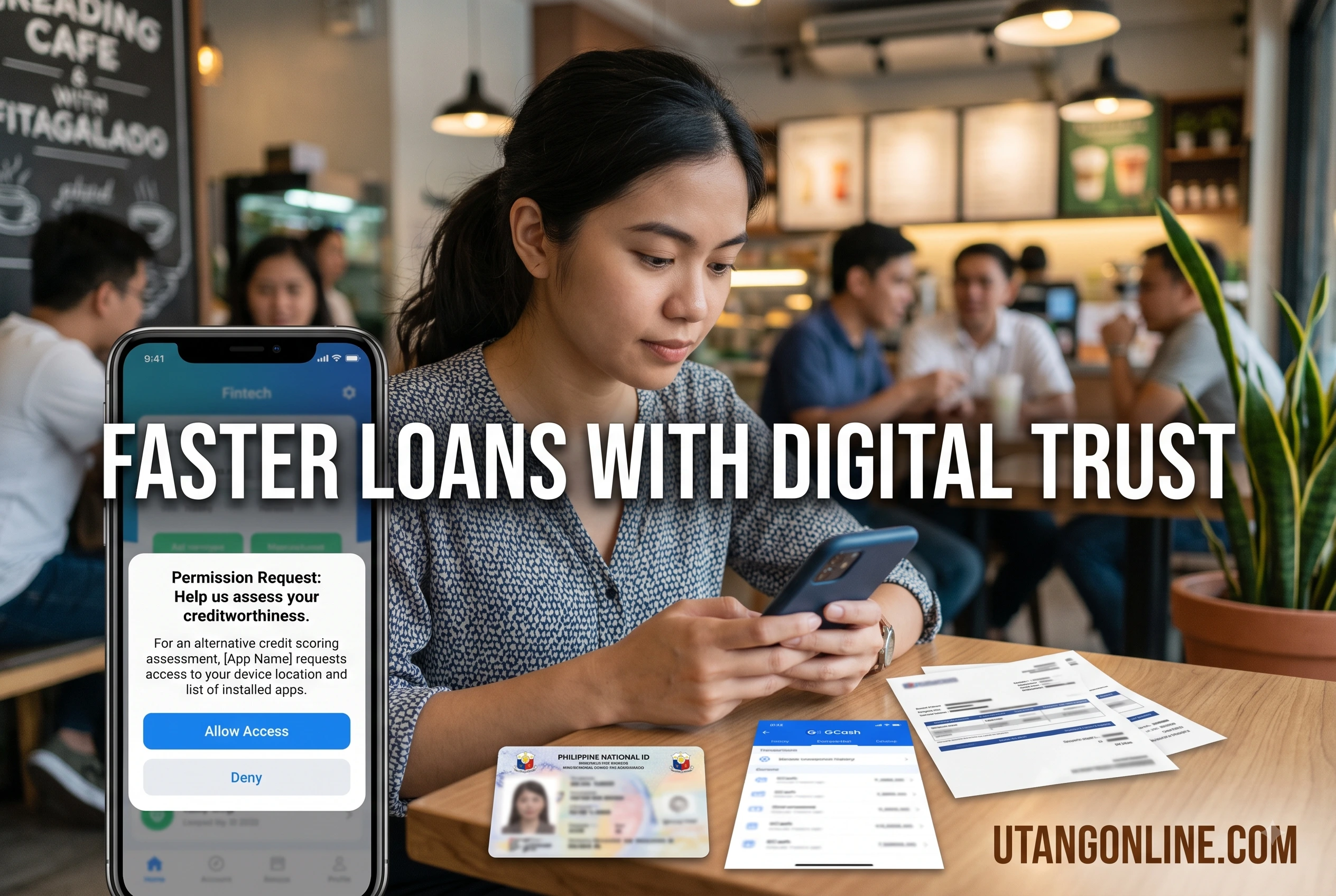 A close-up, first-person view of a smartphone screen showing a legitimate loan app's permission request screen A smartphone displaying a loan application UI asking for permission to access device location and installed apps for alternative credit scoring assessment.