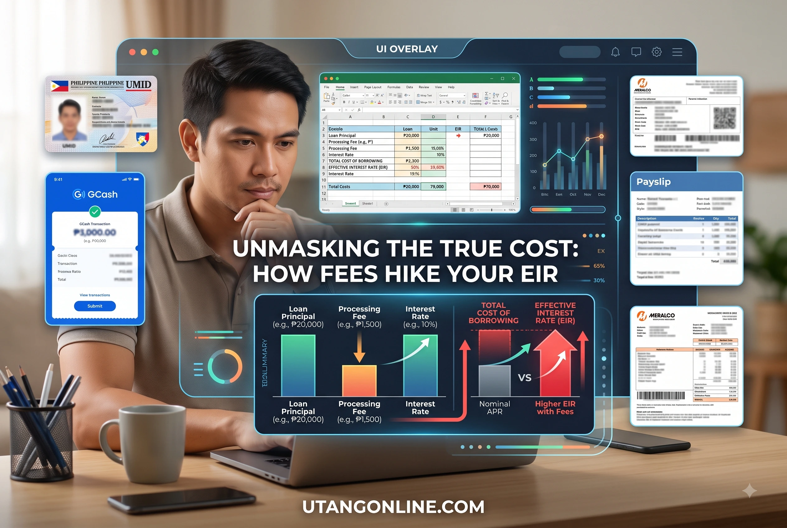 A real Excel spreadsheet showing an Effective Interest Rate (EIR) calculation comparing two different loan terms A detailed Excel spreadsheet calculating the Effective Interest Rate of a Philippine online loan, highlighting how processing fees increase the total cost of borrowing.