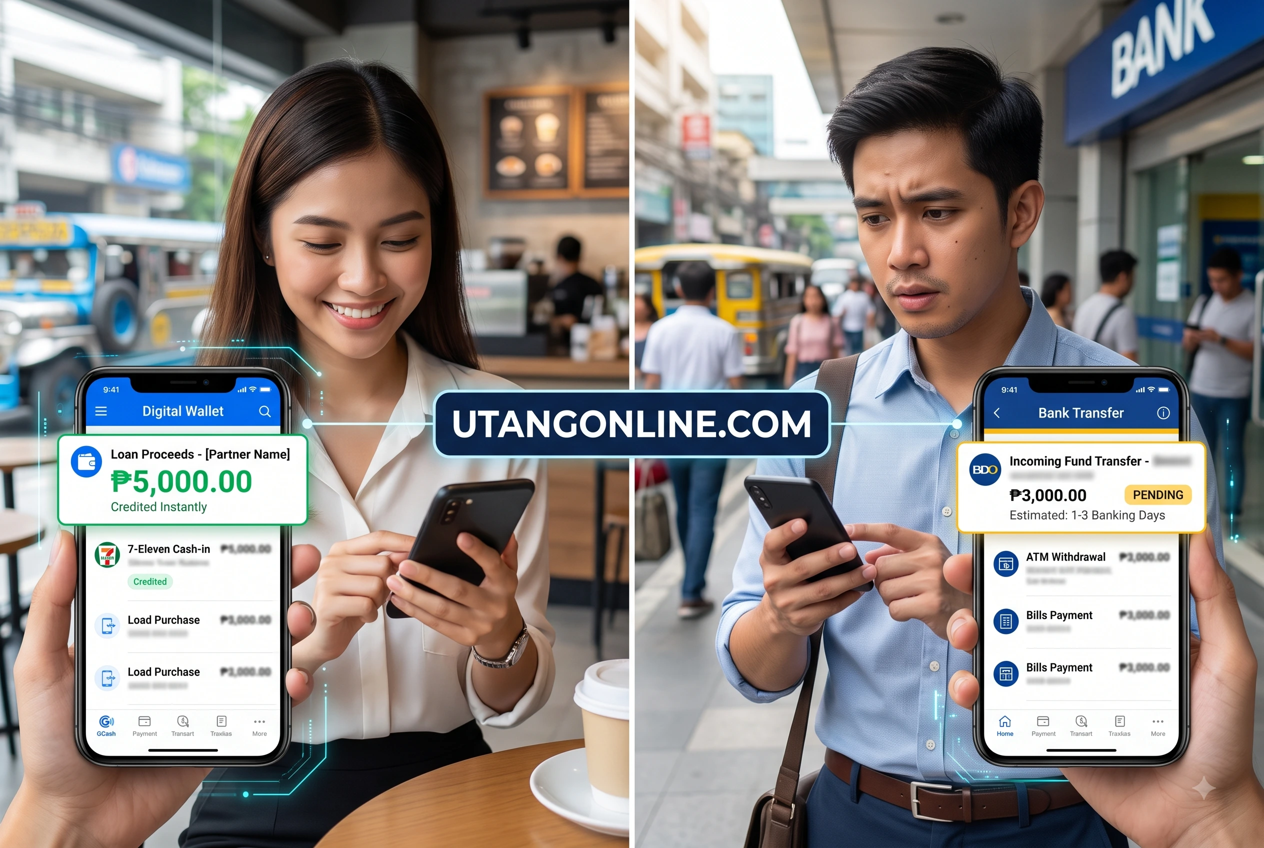 Comparison of e-wallet cash-in screens A side-by-side screenshot showing realistic digital wallet transaction histories, with one displaying an instant ₱5,000 credit from a lending partner and the other showing a pending bank transfer.