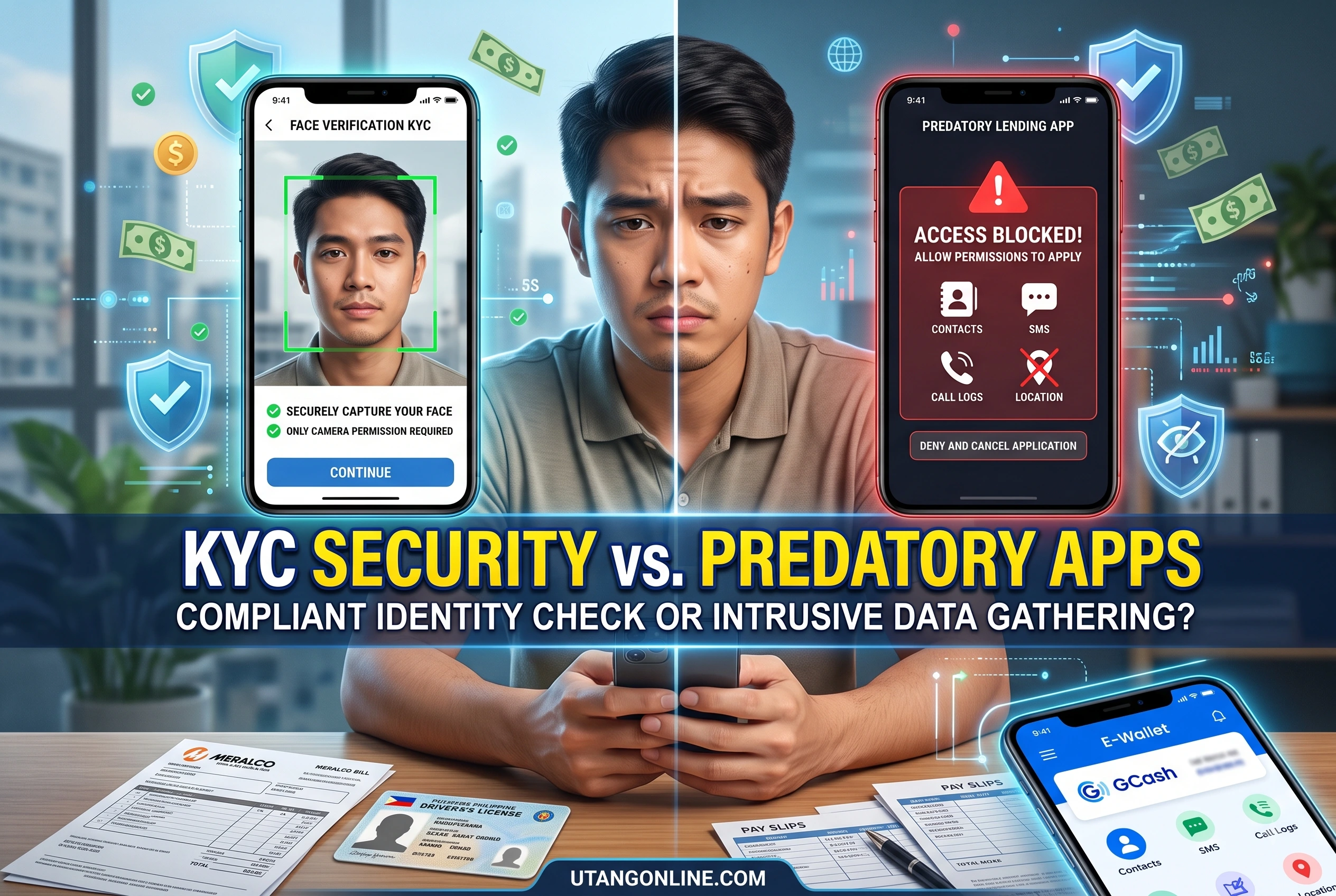 A side-by-side split screen showing a legitimate app asking for camera access for an ID scan versus an illegal app displaying a full-screen block demanding access to Contacts and SMS. First-person smartphone screenshot comparing a compliant KYC camera request to a predatory lending app blocking access until contact list permissions are granted.