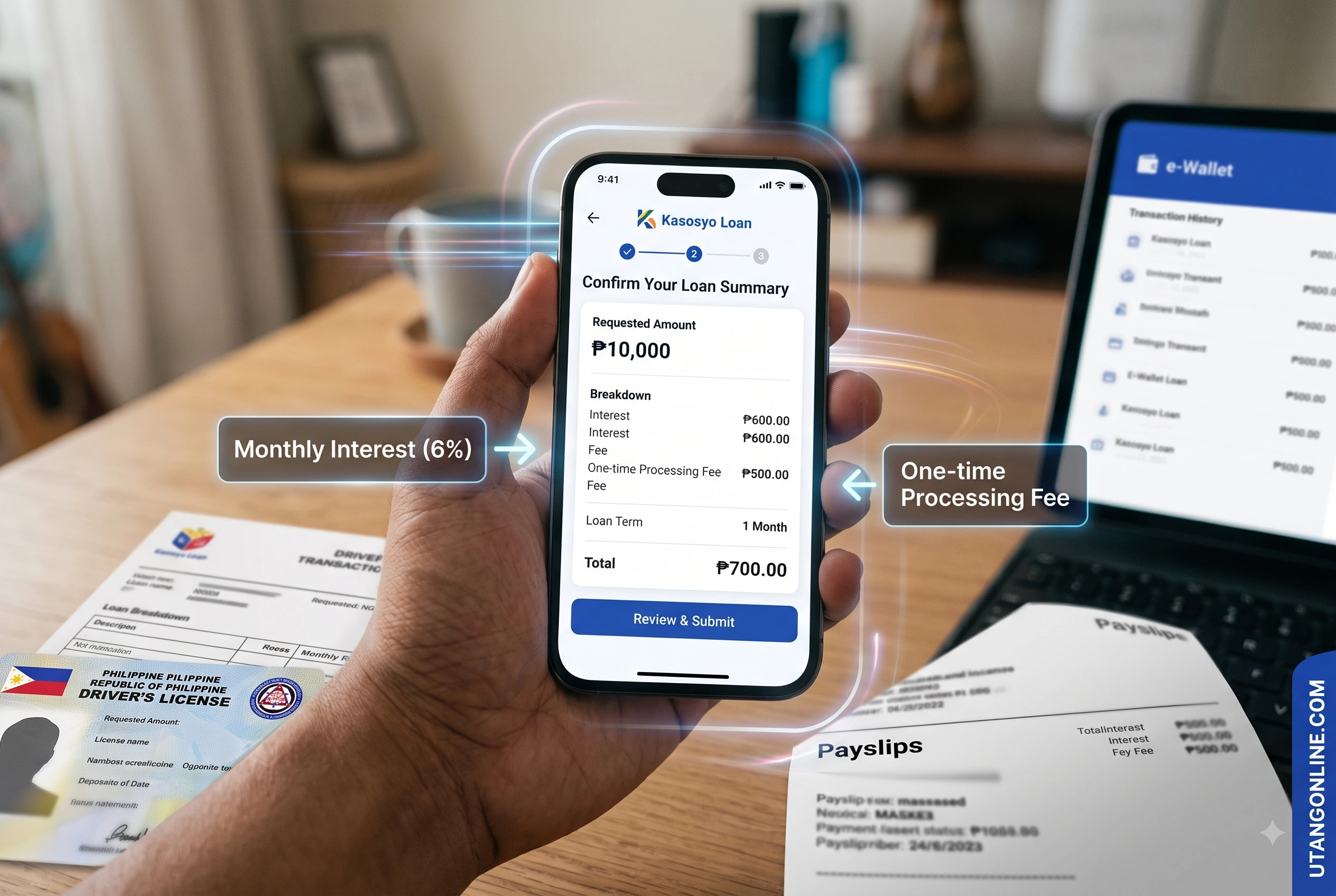 First-person smartphone screenshot of a loan app UI showing a transparent fee breakdown before confirming the loan A blurred first-person smartphone screenshot of a legitimate Philippine loan app checkout screen, highlighting the exact breakdown of the 6 percent interest rate and one-time processing fee.