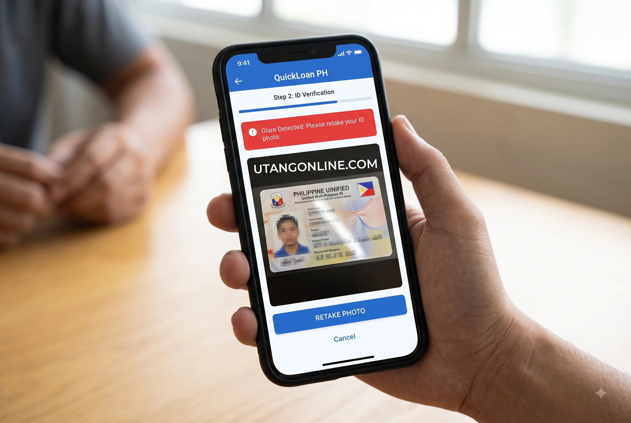 Mobile phone screen displaying an OCR ID verification failure A first-person smartphone screenshot of a loan app UI showing a red error message reading 'Glare Detected: Please retake your ID photo' next to a blurred UMID card.