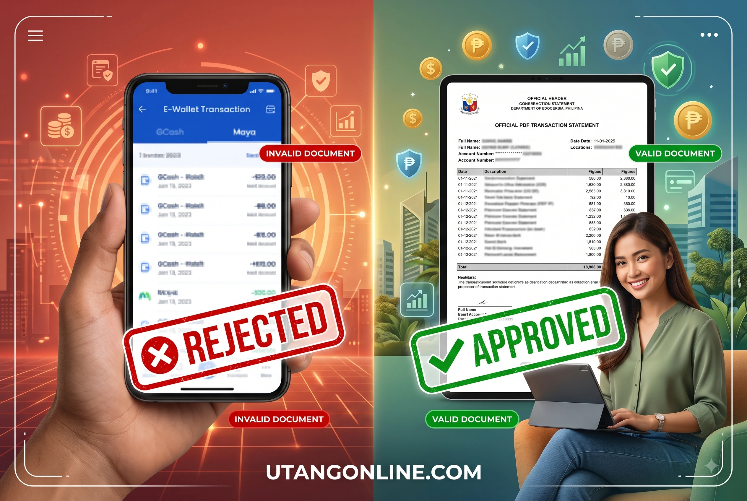 Side-by-side comparison of a rejected blurry phone screenshot of a digital wallet versus an approved, high-resolution official PDF transaction statement.