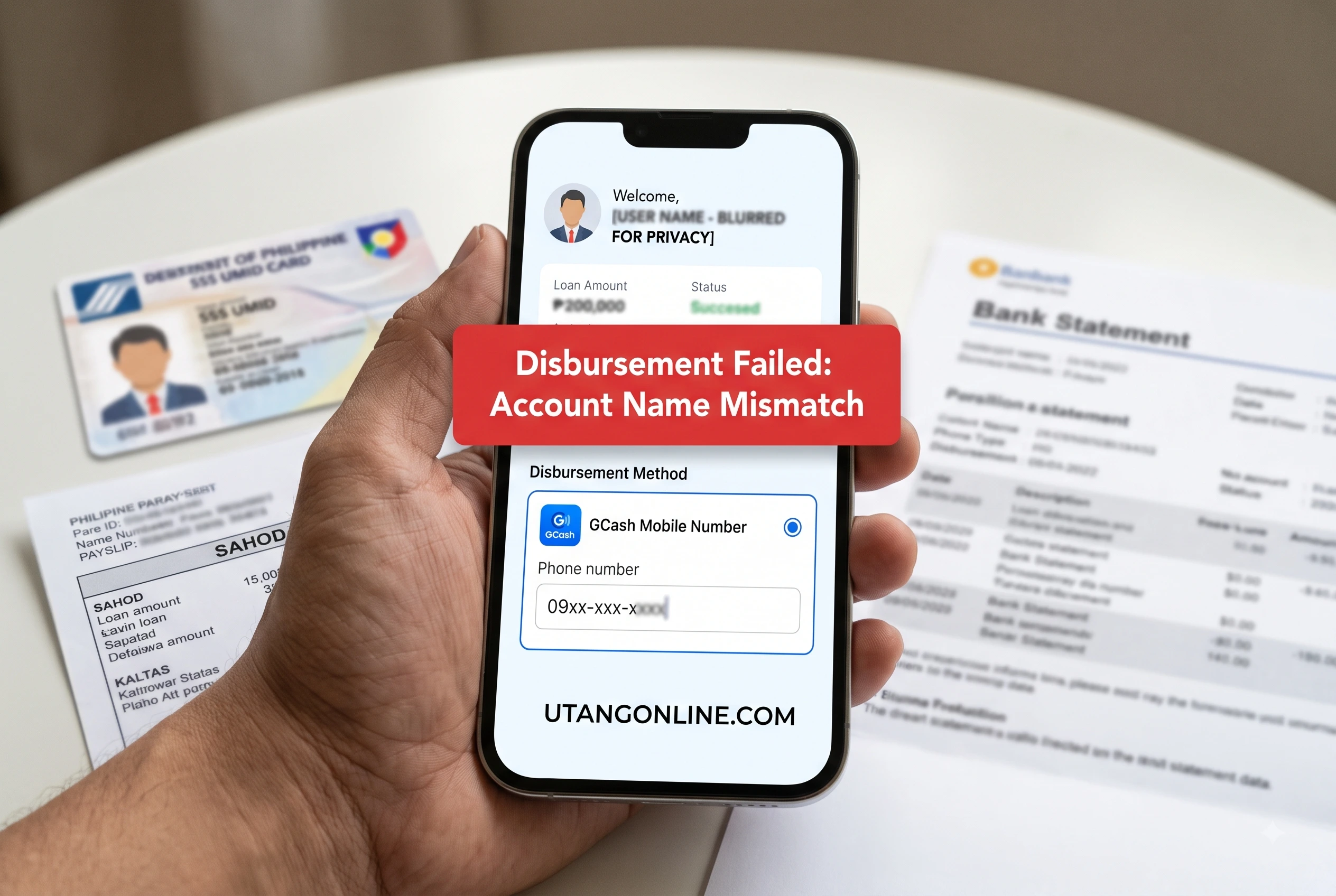Smartphone UI showing a digital lending app's disbursement screen with a name mismatch error when linking a GCash account.