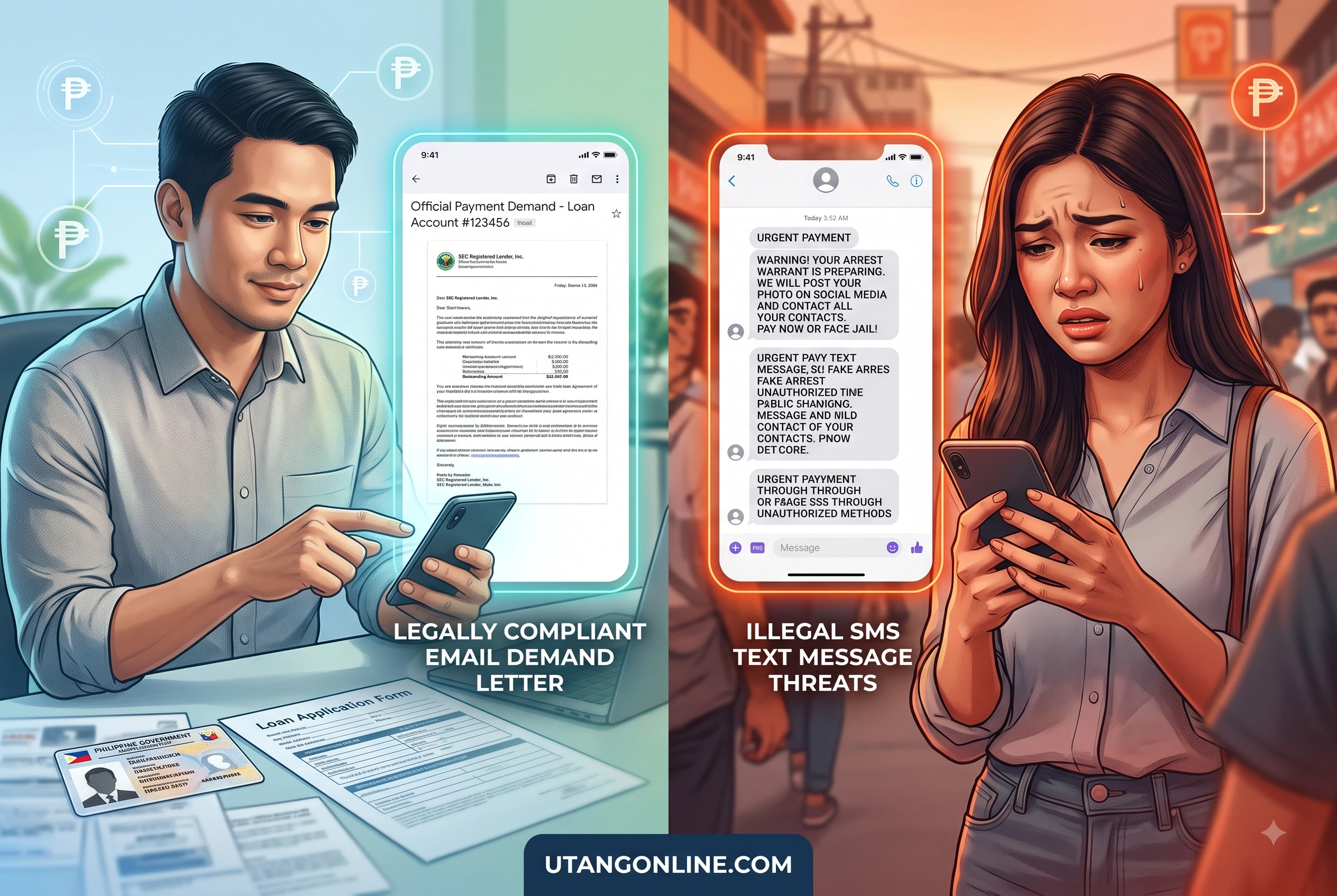 Comparison of a legally compliant email demand letter from a registered lender versus an illegal SMS text message from an unregistered lending app threatening fake arrest.